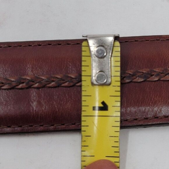 Vtg 90s Mens Cognac Brown Leather Belt Sz 34 Braided Inlay Silver Distressed Buc - Picture 6 of 16
